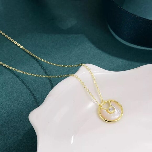 14kt Gold Plated over Sterling Silver White MOP Shell CZ Amulet Necklace - Picture 3 of 6